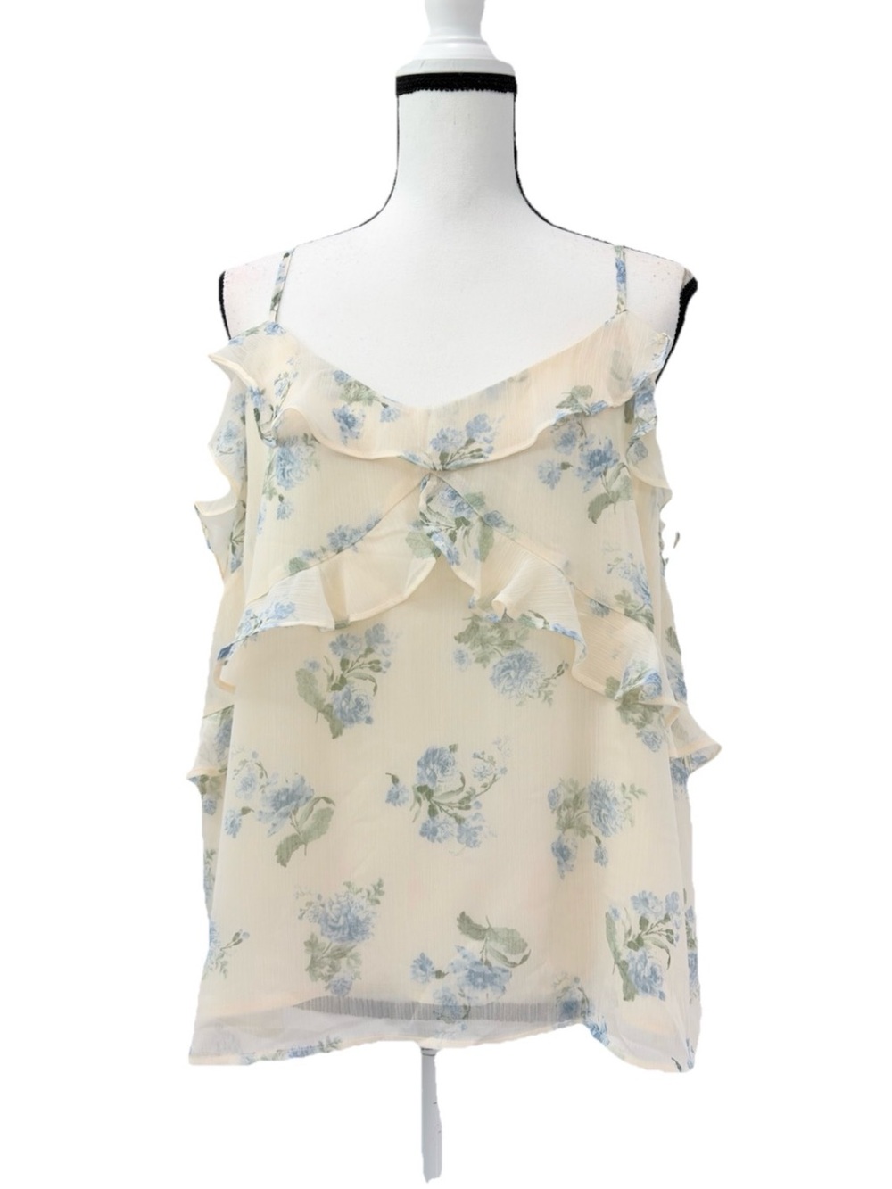 Loft NWT Cream with Blue Floral Chiffon Ruffle Cami Tank Top size XL